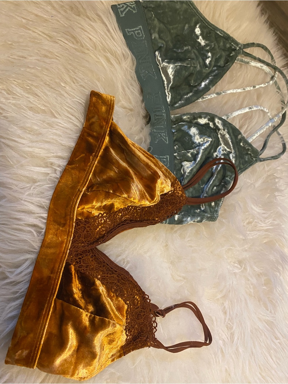 PINK Victoria's Secret Velvet Lace Bralettes in Golden Mustard and Sage